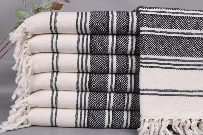 Embroidered Hand Towel Black-Natural Diamond, 18x40 Inches