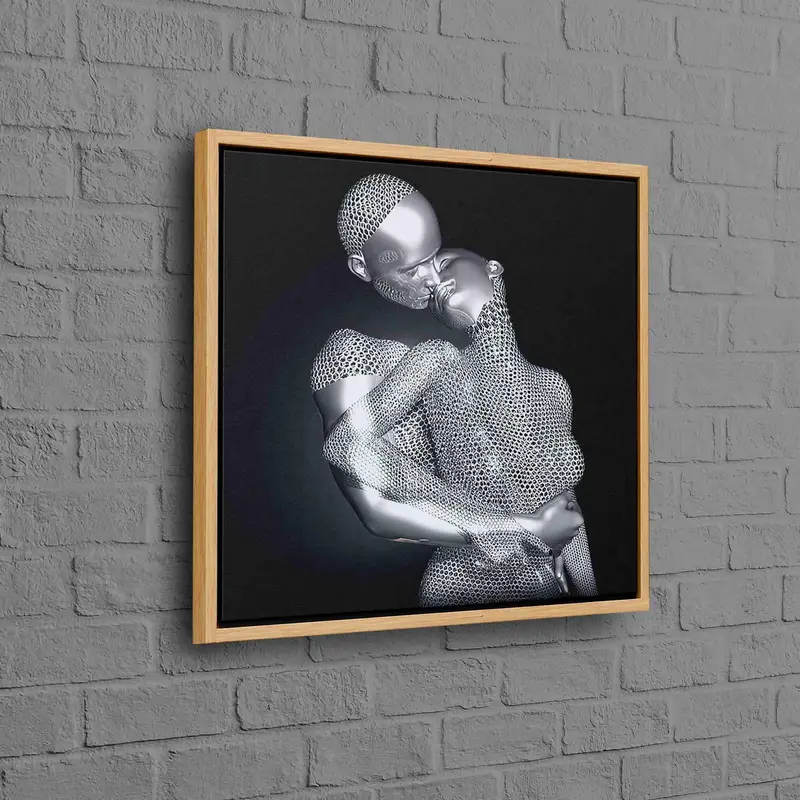 ロマンチックな 3D シルバー キャンバス: エロティック カップル キス アート プリント