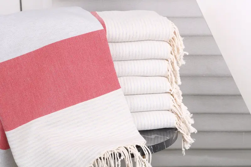 Beach Towel Red-Gray Stripes Organic Cotton or Linen, 40x69 Inches