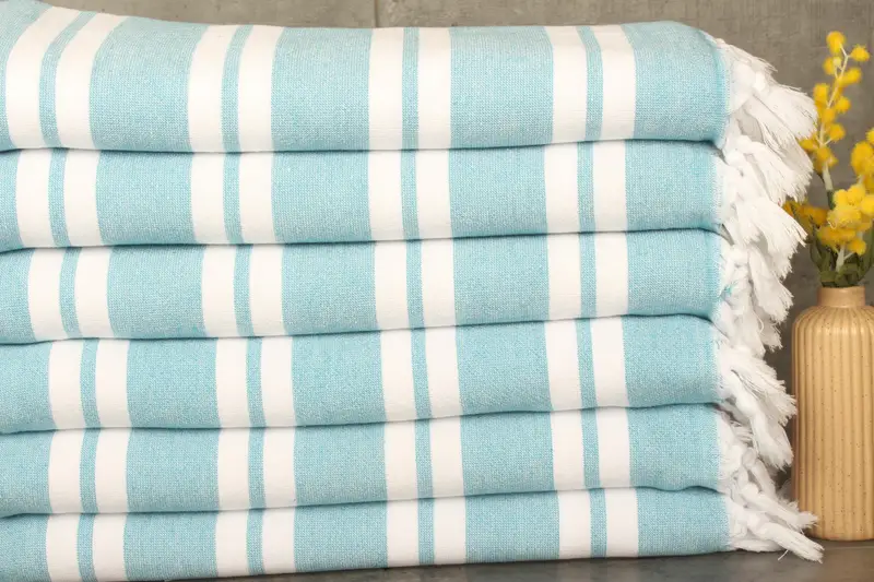 Handmade Cotton Towel Dark Turquoise Striped, 36x67 Inches