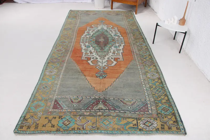 Handmade Green Ikat Rug, 0.4x10.8 ft Vibrant Decor