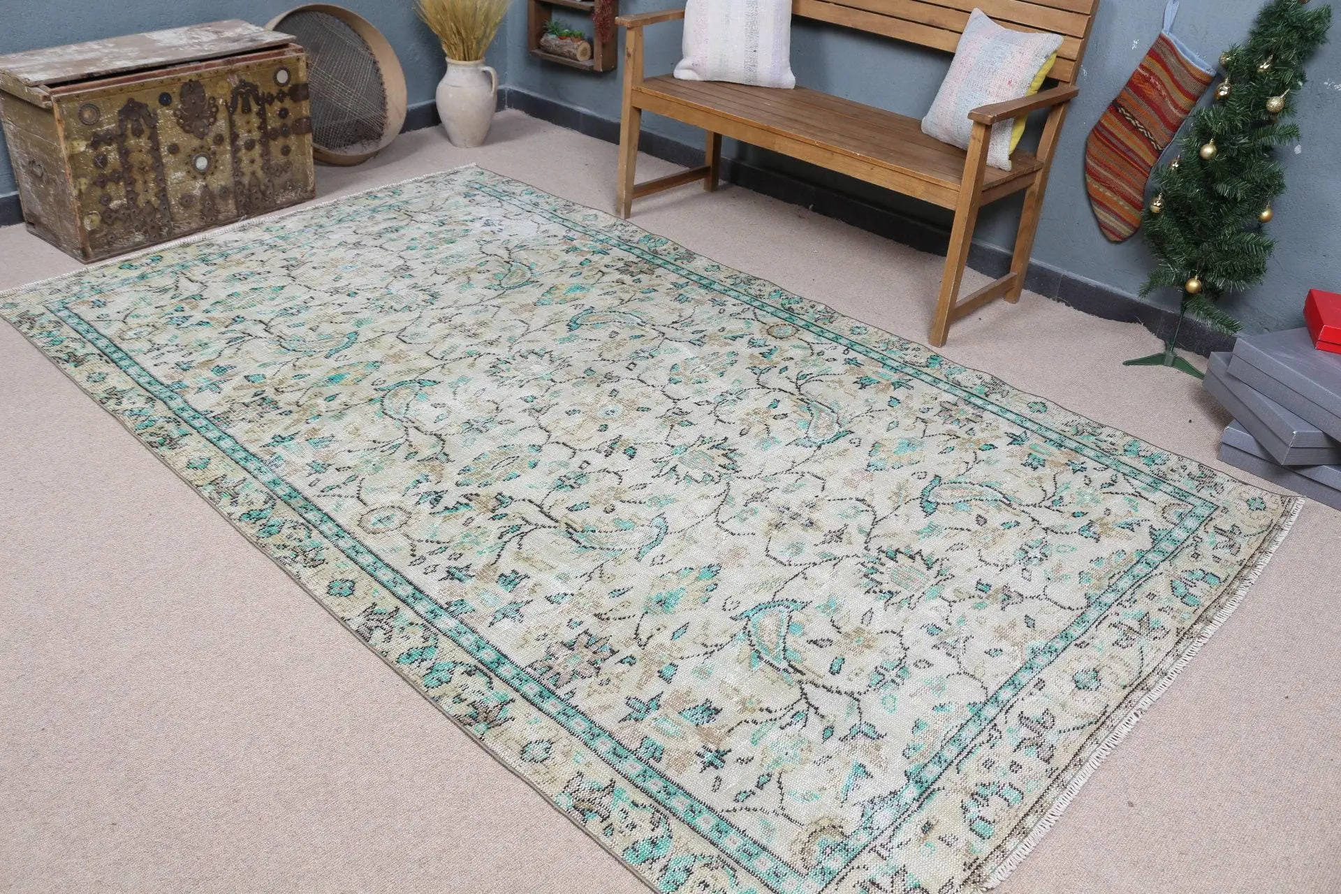 Türk Vintage Büyük Halı 5.6x9.4 ft, Mavi Çizgili Yün Halı - 1