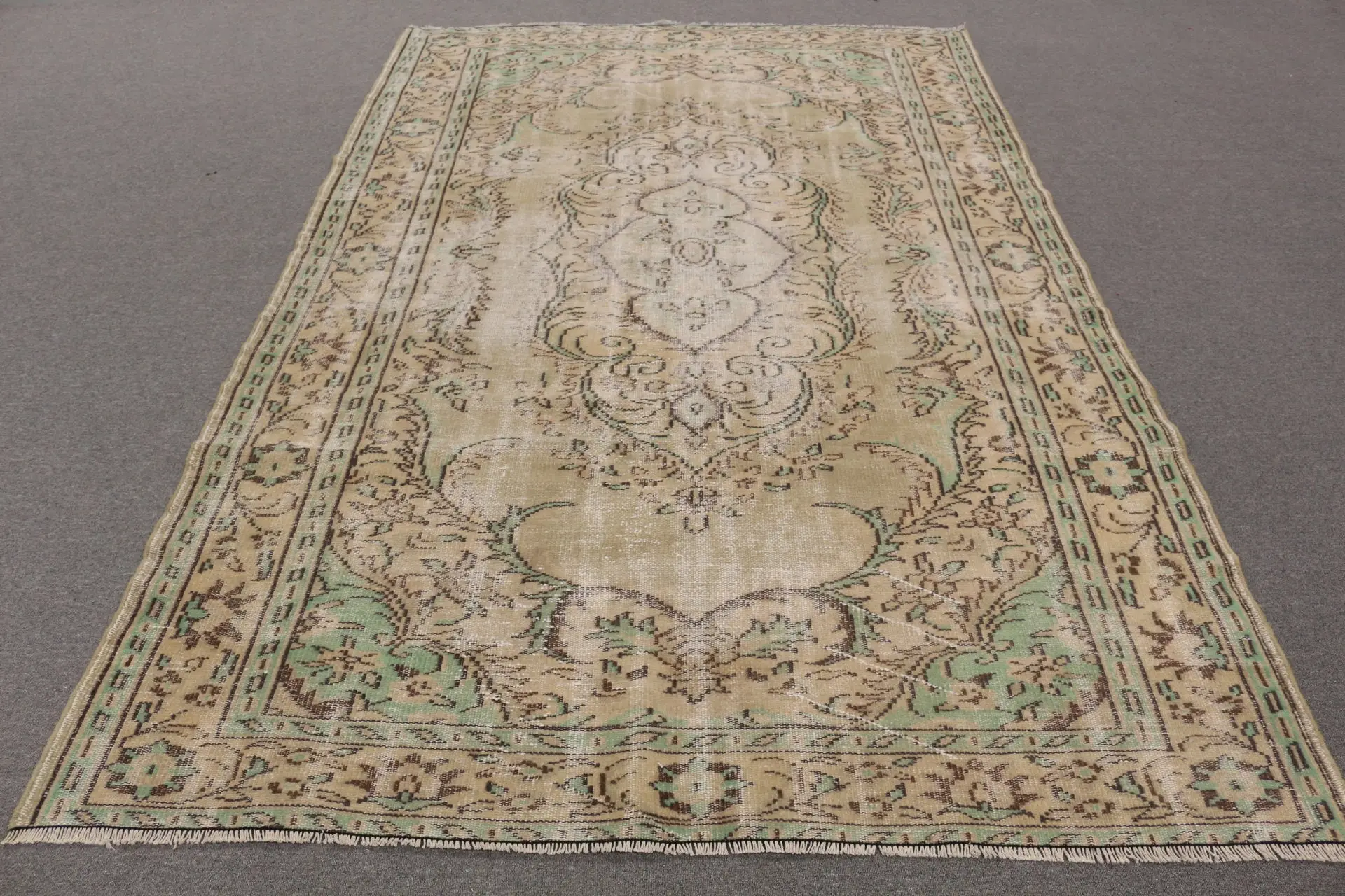 Vintage 6x9.7 ft Rug, Turkish Rug, Green Striped Wool Rug - 1