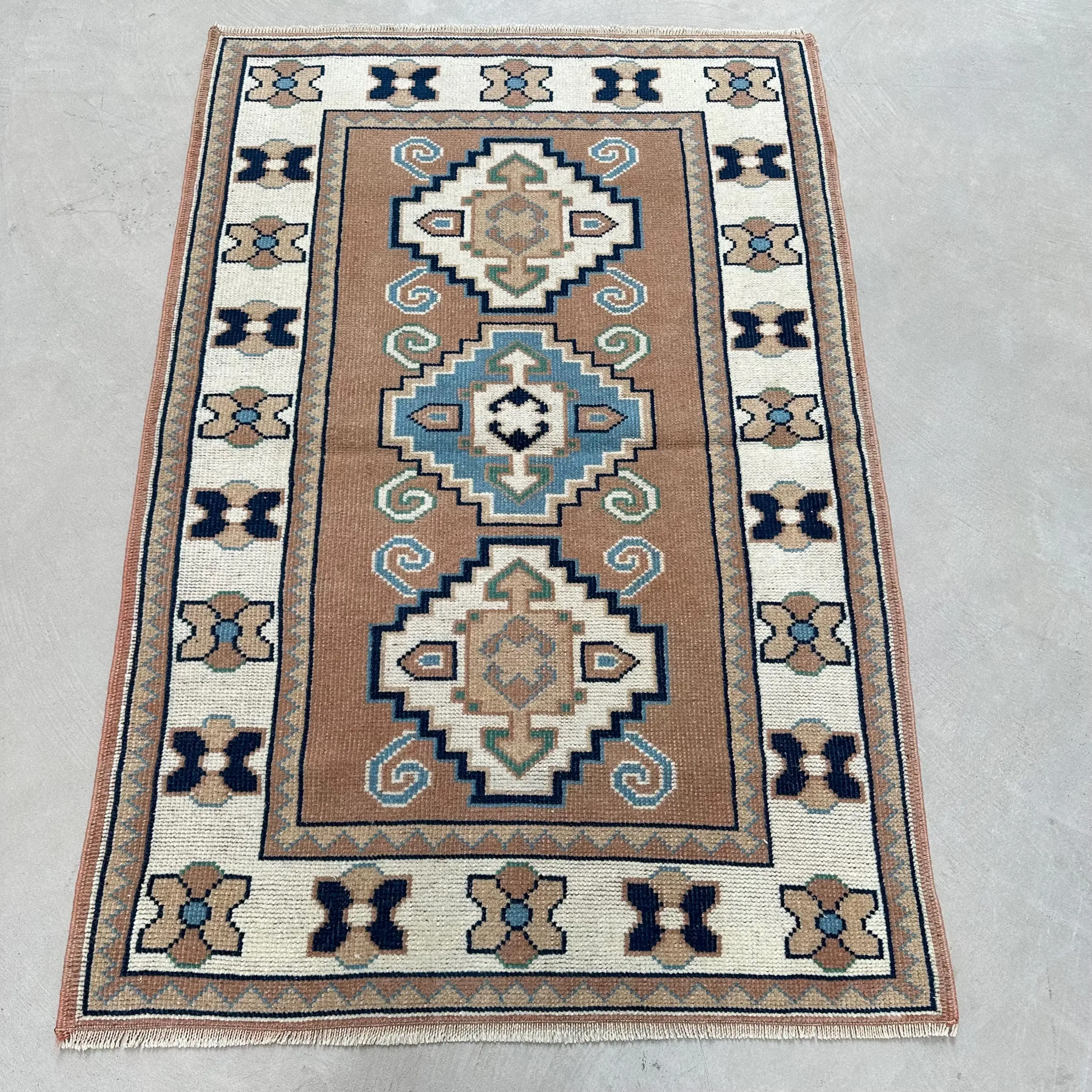 3x4.4 ft Vintage Rug, Small Turkish Rug, Brown Floral Rug - 1