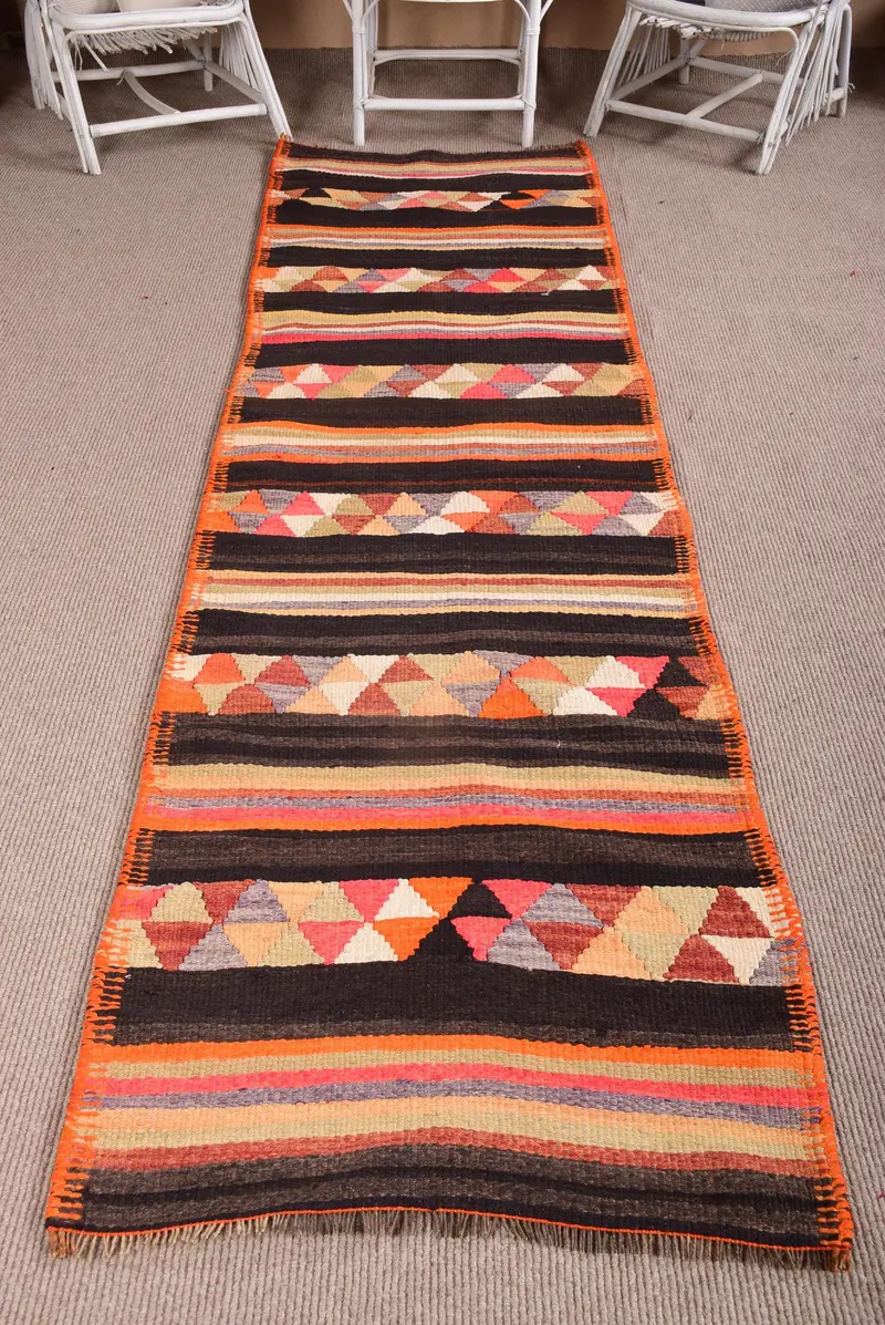 Turkish Vintage Rug 2.7x10.4 ft (83x317 cm), Kilim Brown Abstract Rug - 1