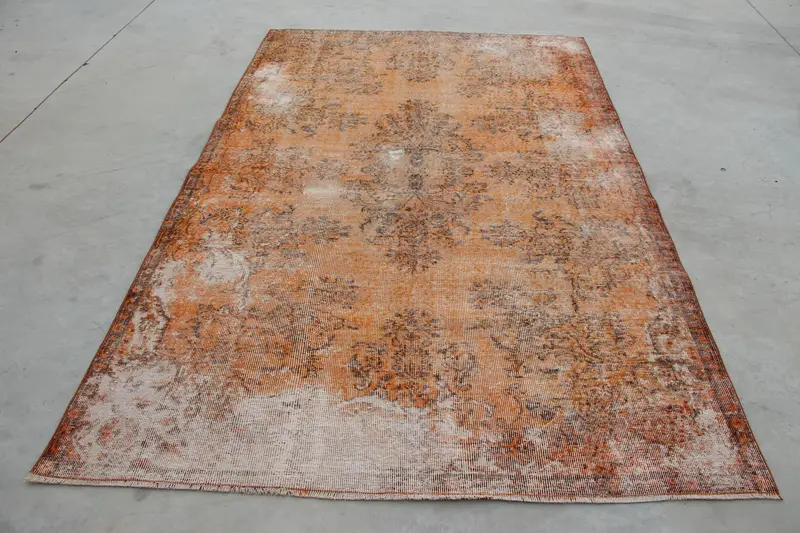 Vintage Turkish Rug, 5.5x8.5 ft Oushak Rug, Orange Brown Patchwork Wool Rug - 1