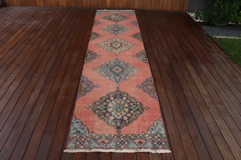 Vintage Türk Halısı 2.6x11.6 ft (78x355 cm), Oushak Kırmızı Mavi Fas Halısı - 1