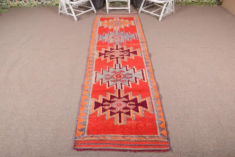 Vintage 2.9x10 ft Halı, Runner Türk Halısı, Kırmızı Gri Ombré Yün Halı - 1