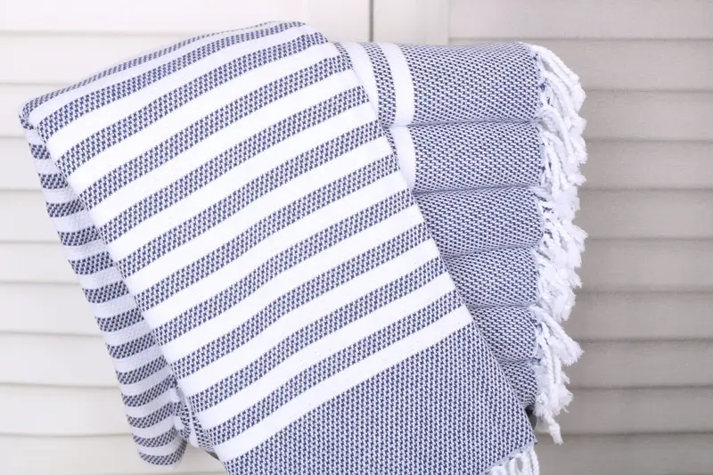 Bridal Shower Gift Navy Cotton Striped Towel, 40x67 Inches