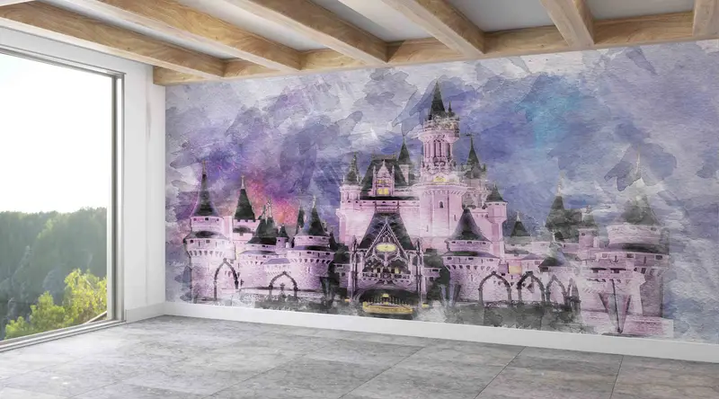 Çocuk Odası için Büyüleyici Disney Cinderella Kalesi Baskılı Duvar Kağıdı