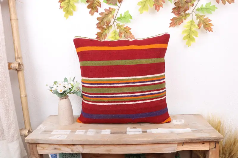 Boho Pillow, Vintage Kilim Throw Pillow, Pillow Case, Turkish Pillow, 18x18 Green Pillow Cover, Bolster Pillow Sham, Designer Throw Pillow Cover - 1