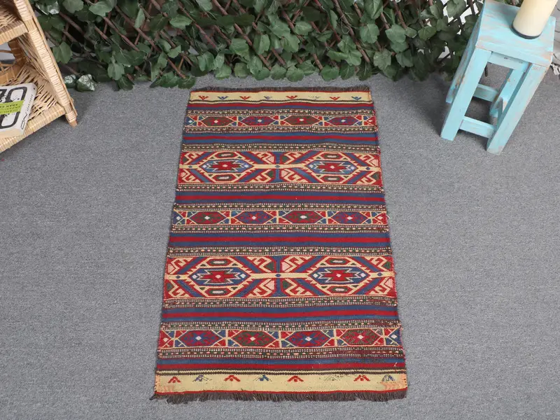 Blue Southwestern Rug, 1,9x3,1 ft with Red Accents