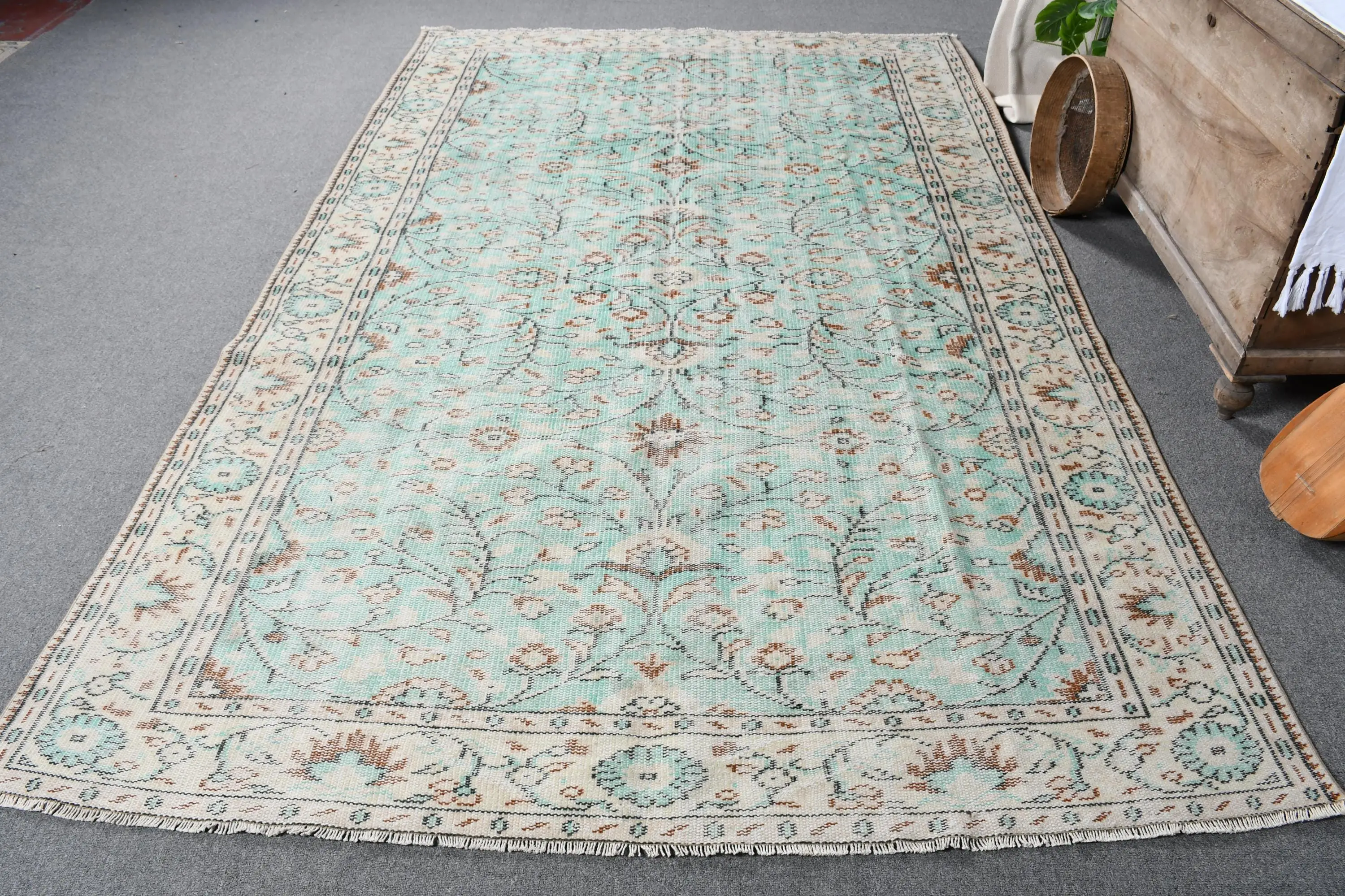 Zarif Yeşil ve Kahverengi Halı, 6,3x9,8 ft Geometrik Çiçek - 1