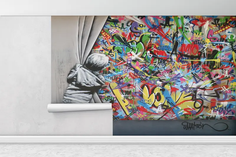 Behind the Curtain Wall Art, Martin Watson Wall Painting, Street Wall Print, Banksy Boy Wall Print, Painting Wall Poster, - 2