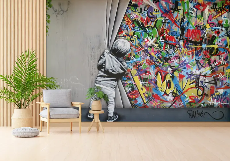 Behind the Curtain Wall Art, Martin Watson Wall Painting, Street Wall Print, Banksy Boy Wall Print, Painting Wall Poster, - 4