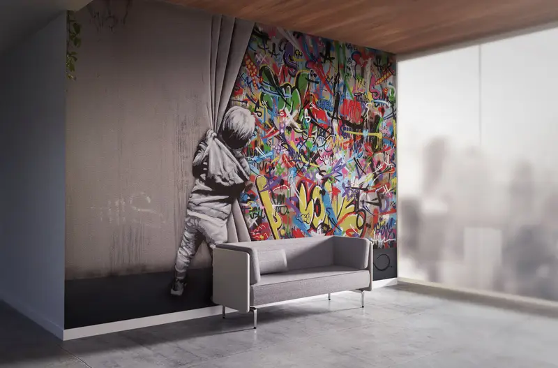Behind the Curtain Wall Art, Martin Watson Wall Painting, Street Wall Print, Banksy Boy Wall Print, Painting Wall Poster, - 1