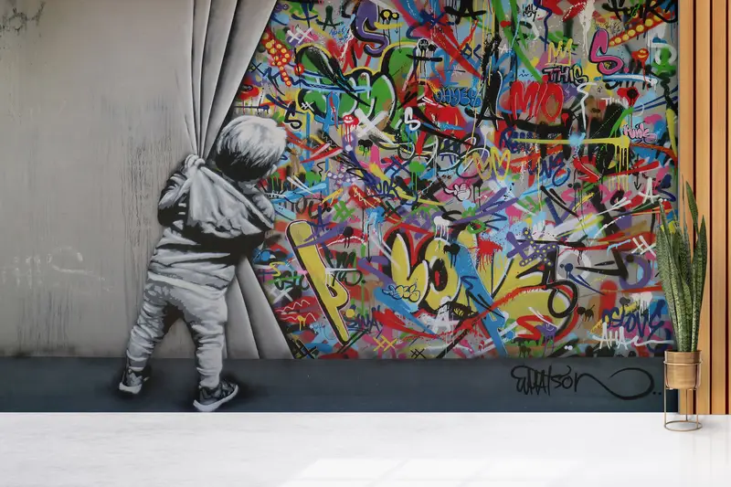 Behind the Curtain Wall Art, Martin Watson Wall Painting, Street Wall Print, Banksy Boy Wall Print, Painting Wall Poster, - 3