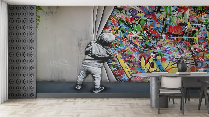 Behind the Curtain Wall Art, Martin Watson Wall Painting, Street Wall Print, Banksy Boy Wall Print, Painting Wall Poster, - 7