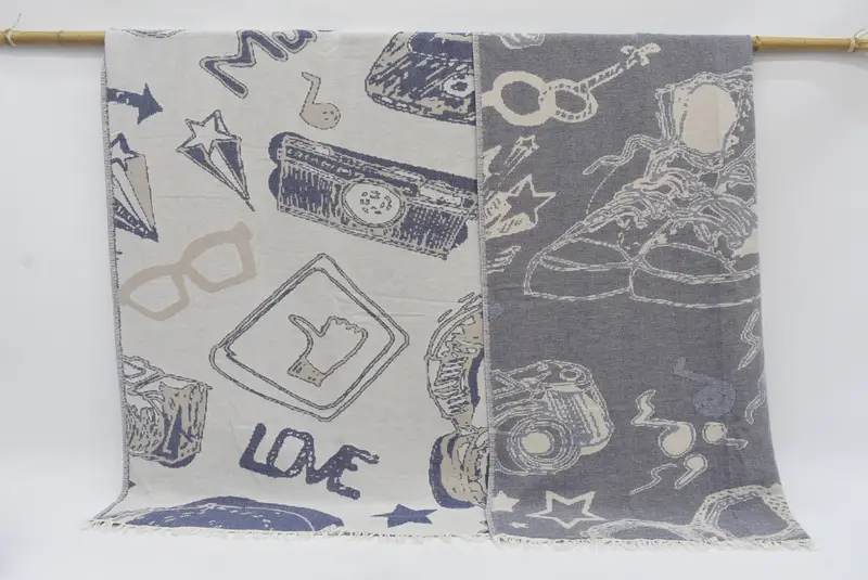 Personalized Navy Blue-Brown Shoes Patterned Turkish Blanket, 95x79 Inches