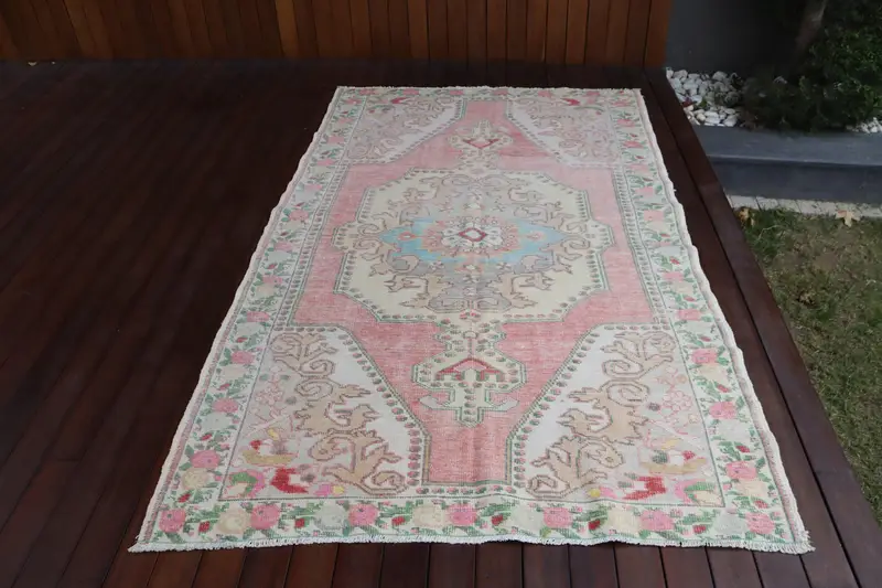 4.6x7.4 ft Area Vintage Turkish Rug, Pink Floral Wool Rug - 1