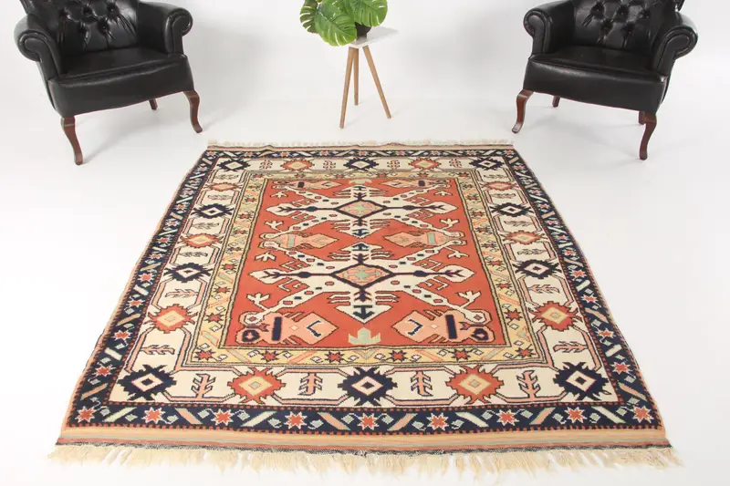 Turkish Vintage Rug 5.5x6.46 ft (168x197 cm), Oushak Red Plants & trees Rug - 1