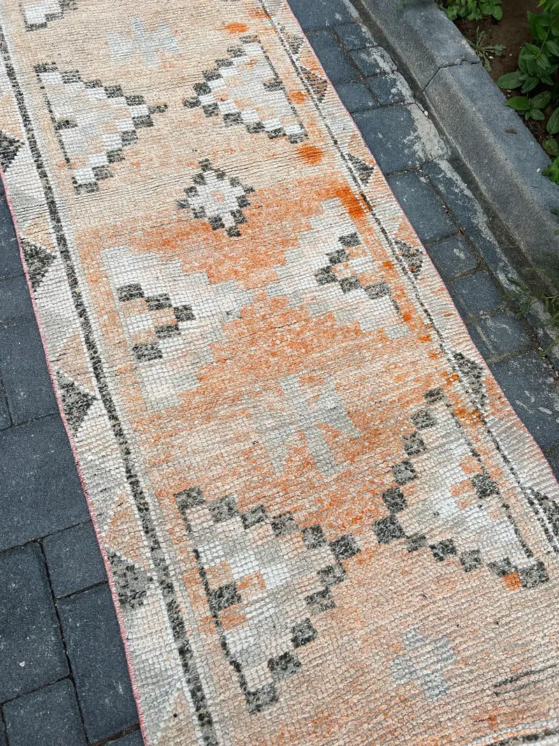 Turkish Vintage Rug, Runner 2.7x9.4 ft (83x288 cm) Rug, Orange Wool Rug - 1