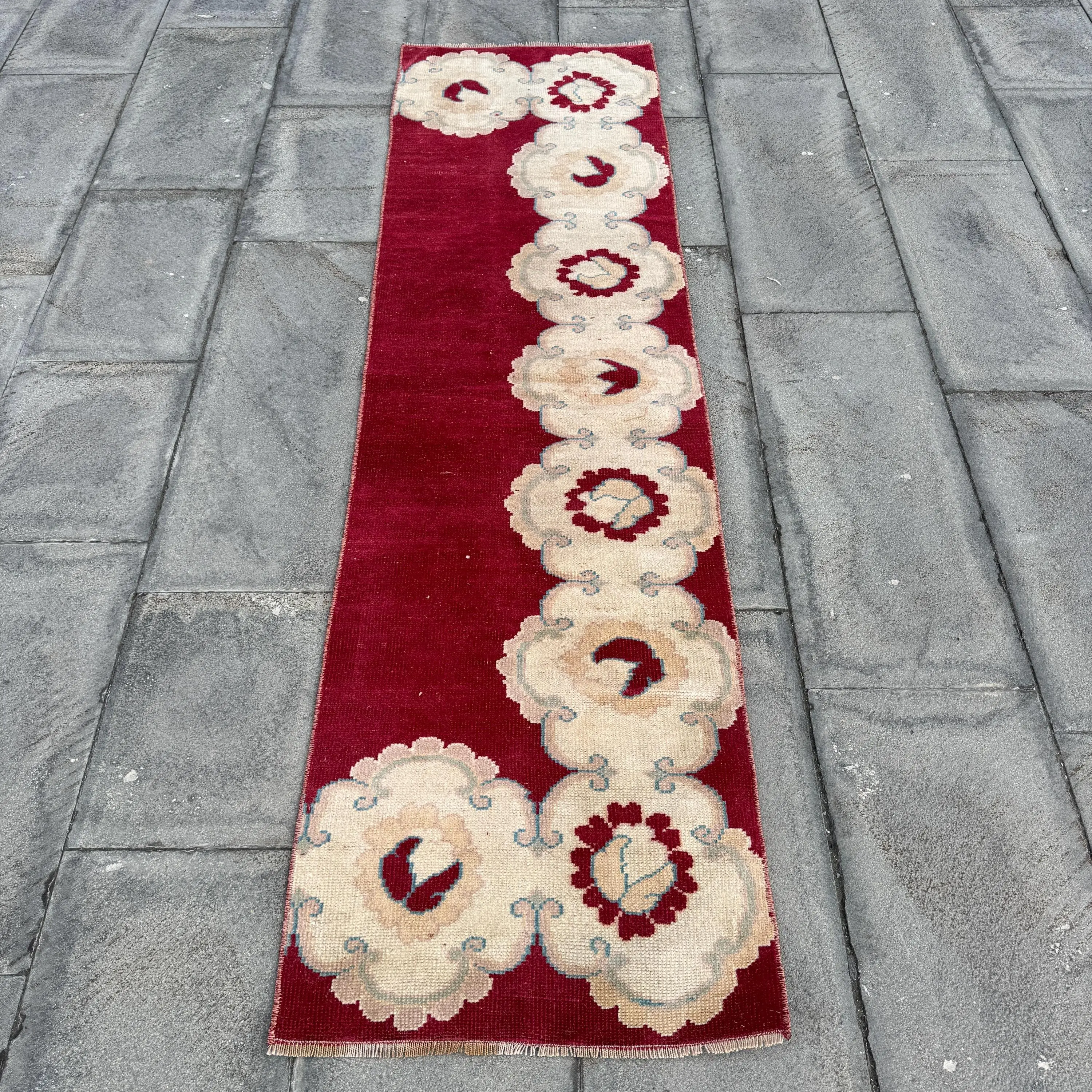 Turkish Vintage Runner Rug 1.8x6.6 ft (55x202 cm), Red Bordered Rug - 1