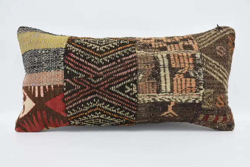 Boho Pillow Sham Cover, Throw Kilim Pillow, Turkish Bench Pillow Case, 12x24 Brown Pillow Case, Vintage Pillow, Pillow Case - 1