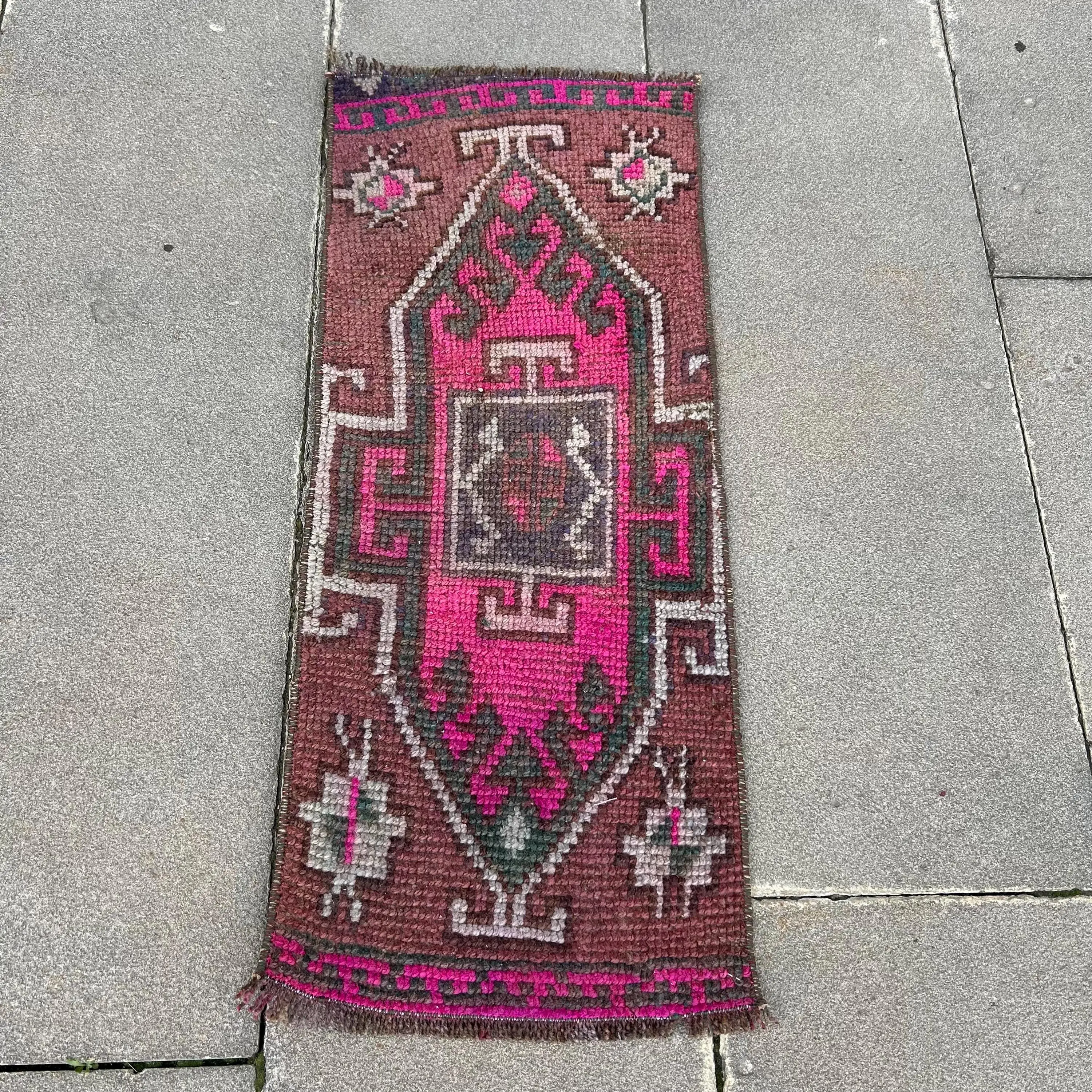 Turkish Rug 1.1x2.7 ft, Brown Pink Polka dot Wool Vintage Rug - 1