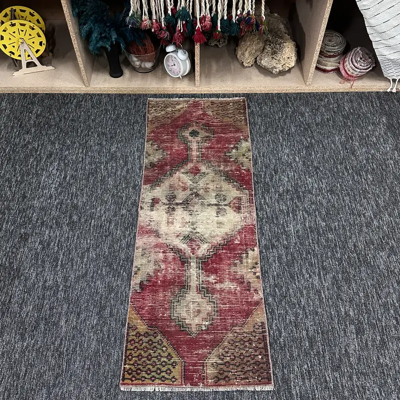 Turkish Vintage Oushak Small Rug 1.4x3.9 ft, Red Geometric Rug Wool - 1