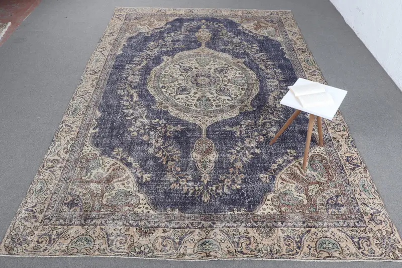 El Yapımı Mavi & Bej Halı, 6,3x11,2 ft Bitki Desenli