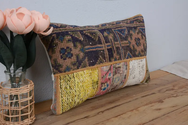 Farmhouse Cushion, Vintage Kilim Pillow, Pillow Cover, Kilim Cushion Sham, Retro Throw Pillow, Throw Kilim Pillow, 12x20 Blue Cushion Case - 1