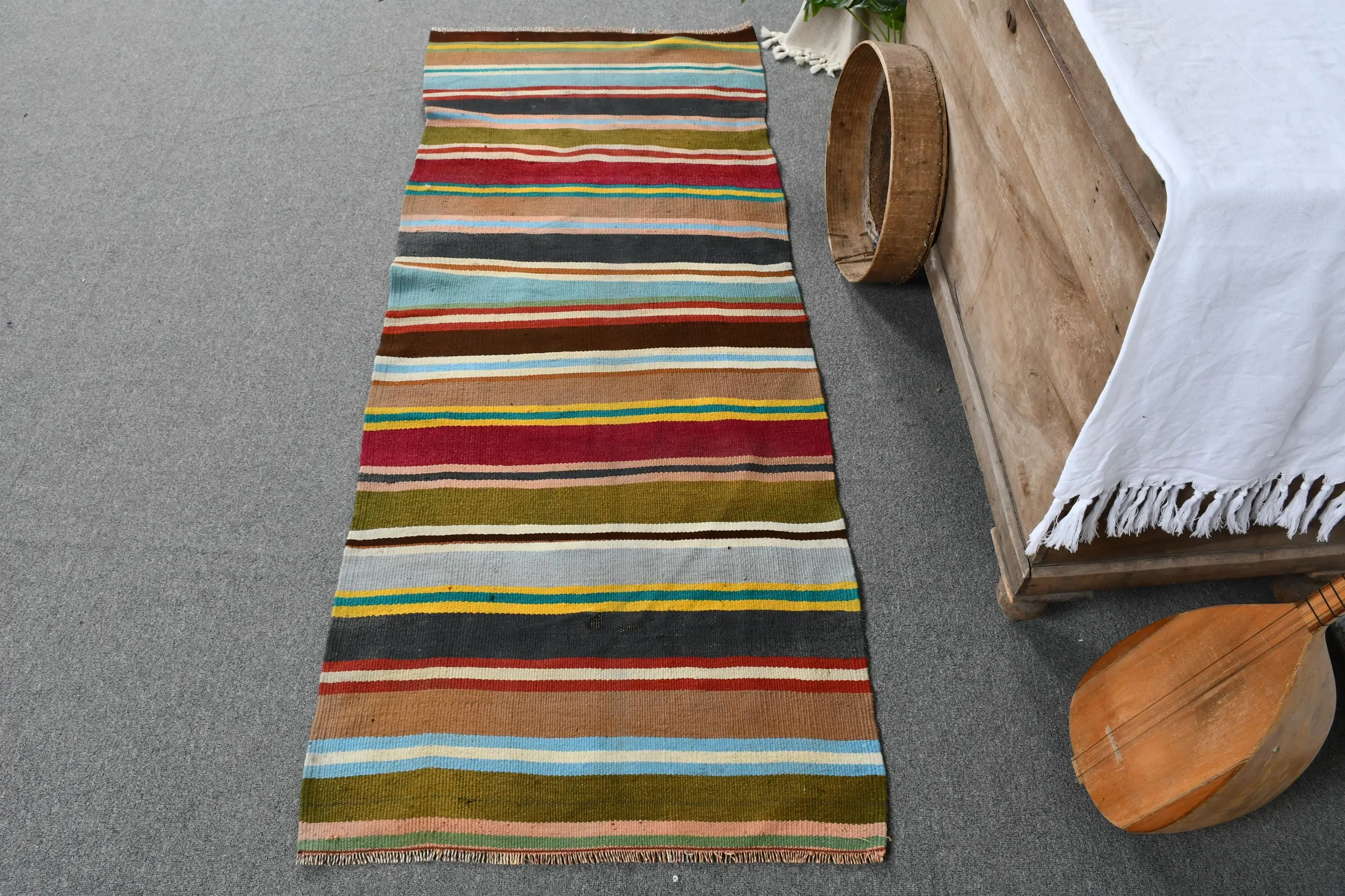 Vintage Turkish Runner Rug 2.3x5.9 ft, Kilim Brown Wool Rug - 1