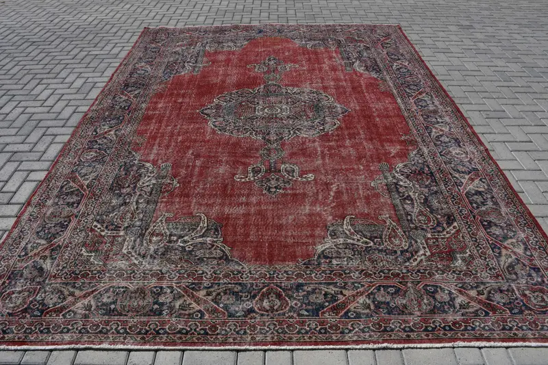 Vintage Türk Halısı, 8.8x12.2 ft Büyük Boy Halı, Kırmızı Mavi Yün Halı - 1