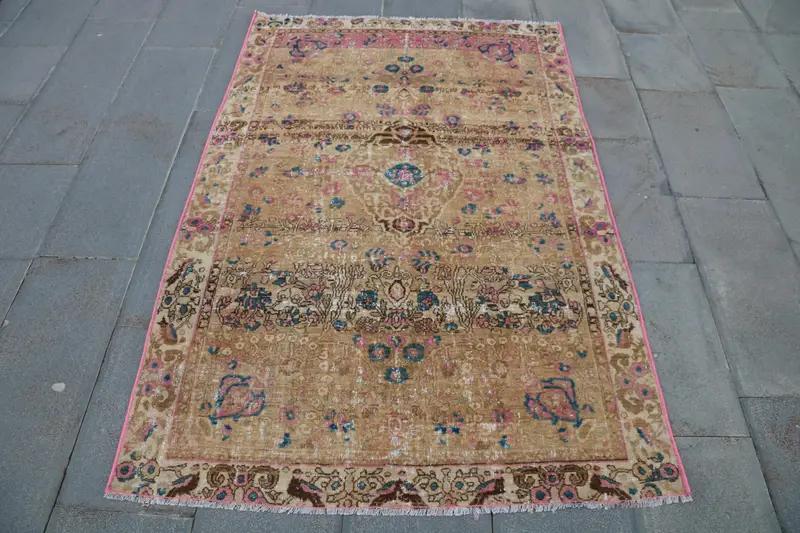 Alfombra marrón y rosa, diseño geométrico a rayas de 1,2 x 1,8 m