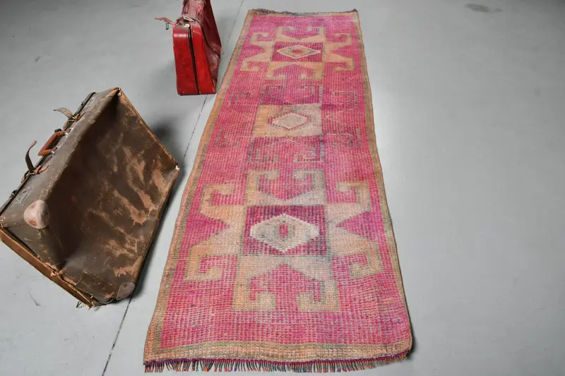 Vintage Runner Rug 2.9x9.2 ft, Pink Brown Striped Rug Wool - 1