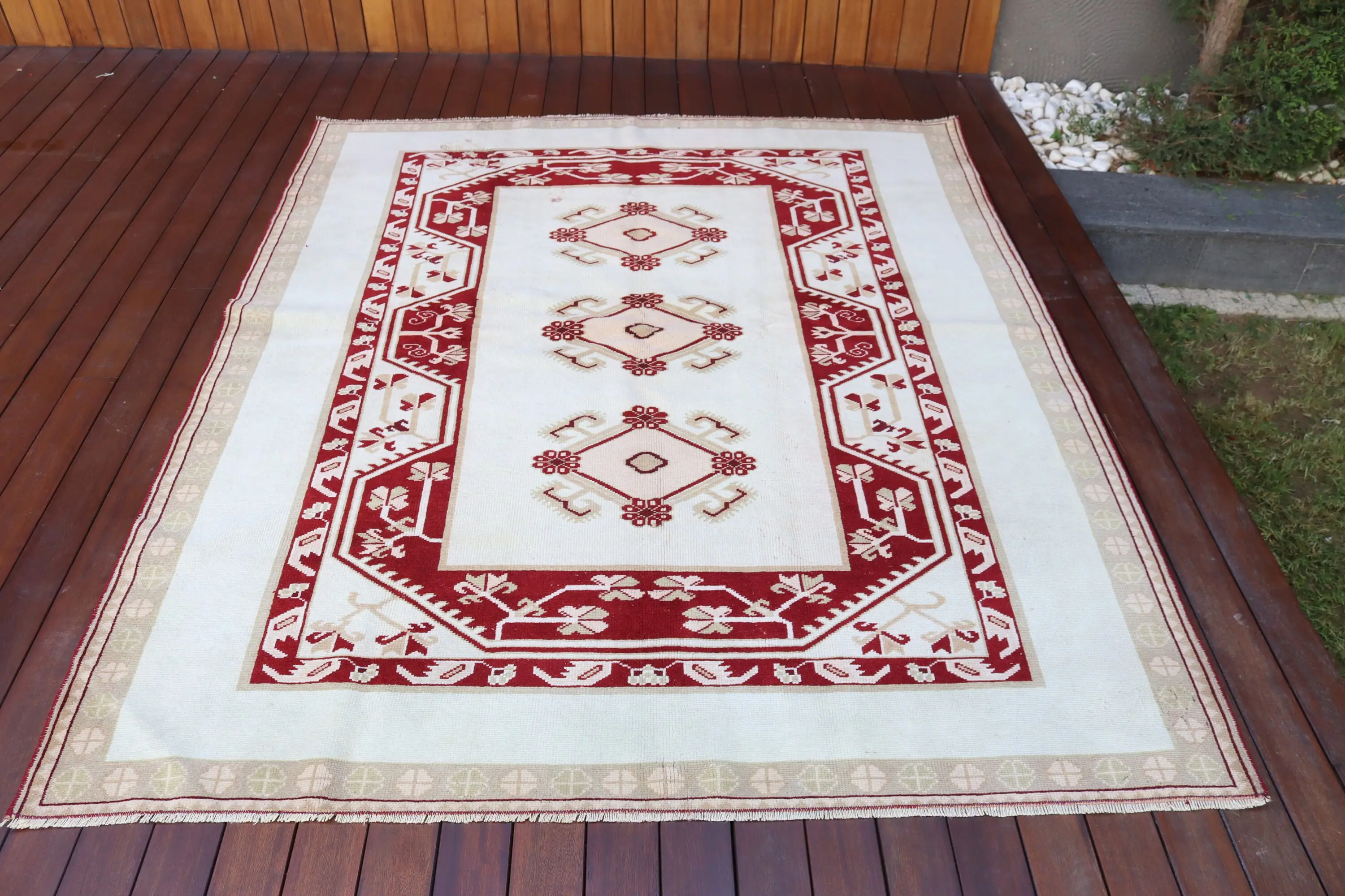 Türk Alan Halısı, 5.56x6.8 ft Vintage Halı, Kırmızı Soyut Yün Halı - 1