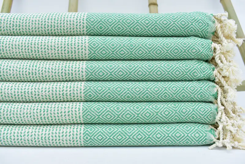 Beach Towel Monogram Green Organic Cotton Chevron, 70x40 Inches