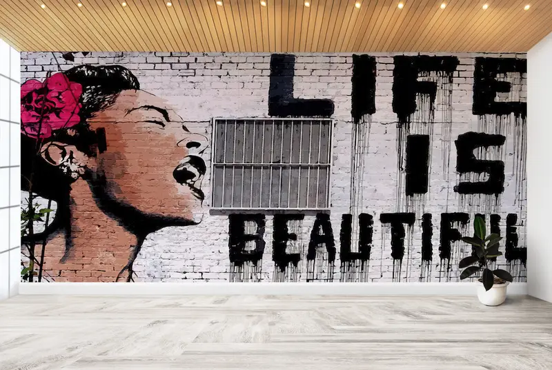 Modern Mekanlar için Sanatsal Banksy Graffiti Kadın Baskılı Duvar Kağıdı