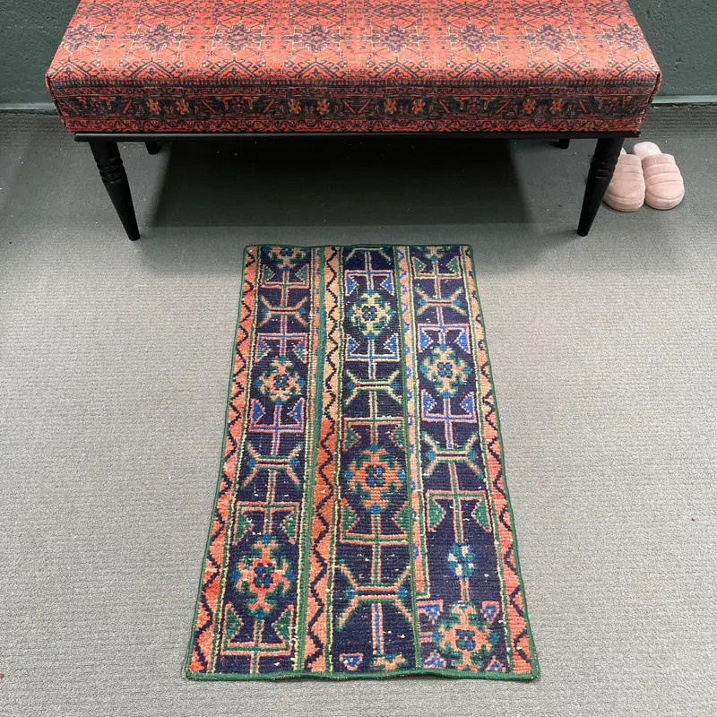 1.8x3.3 ft Turkish Rug, Small Vintage Rug, Blue Striped Rug - 1