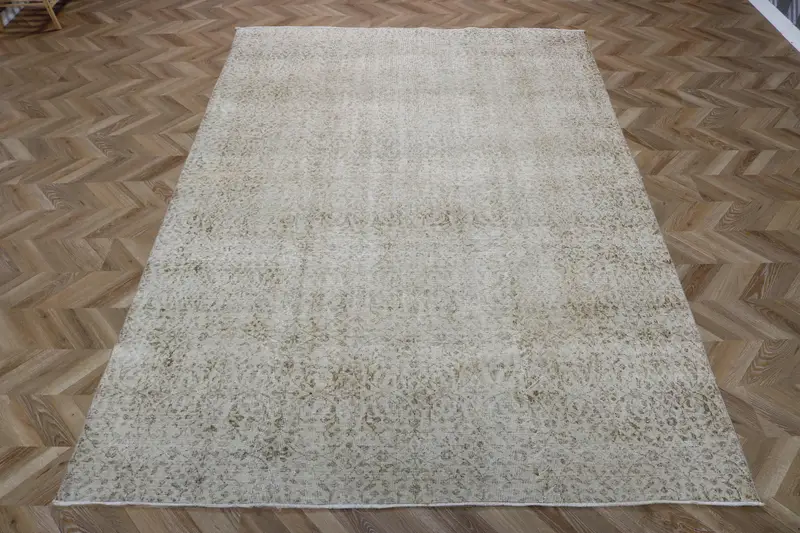 Vintage Turkish Oushak Rug 6.7x9.9 ft (203x302 cm), Gray Striped Wool Rug - 1
