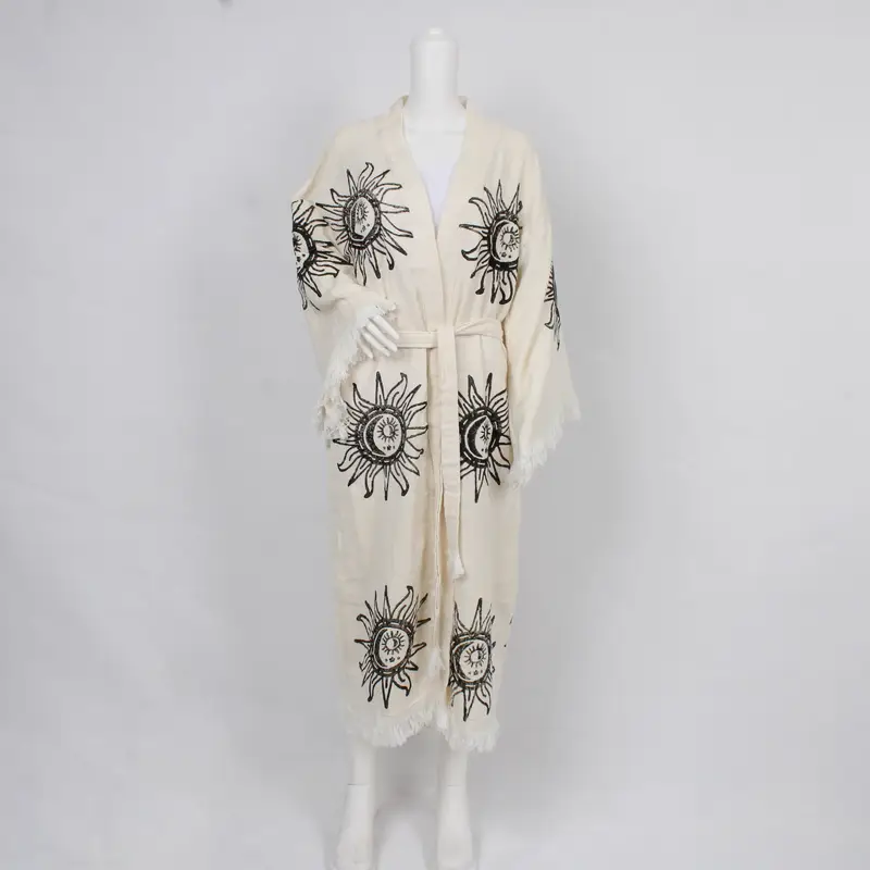 Zarif Bornoz, Müslin Spa Kimono, Güneş Desenli Plaj Elbisesi, Sabahlık, Lüks Kimono, Siyah Bornoz, Rb-Kmn