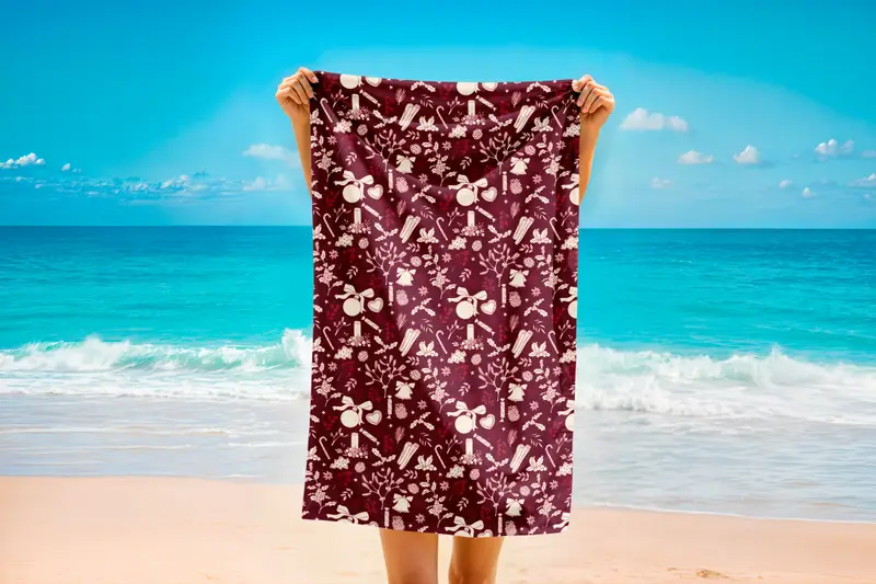 Burgundy Christmas Printed Towel, Elegant Holiday Pattern Beach Towel, Winter Festive Decor Gift, Personalized Gift, Golf Towel, Xmas Gift