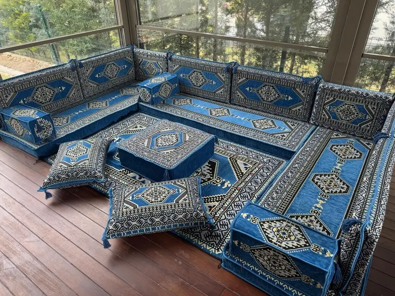 Mavi Osmanlı Zemin Oturma, Türk geleneksel kanepe, U şeklindeki zemin yastığı, Türk kanepe, zemin oturma, Kilim yastığı, eve taşınma hediyesi, - 1