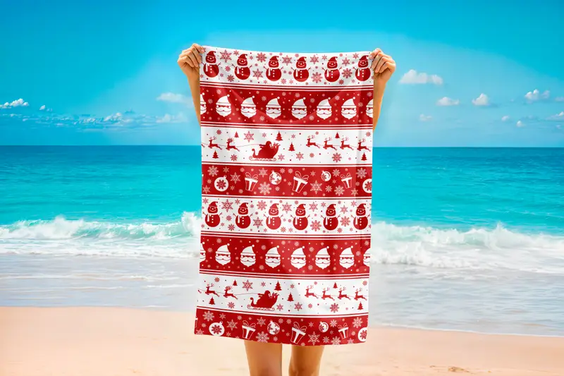Red and White Christmas Printed Towel, Santa Snowman Reindeer Pattern, Festive Holiday Beach Towel, Winter Gift, Golf Towel Gift
