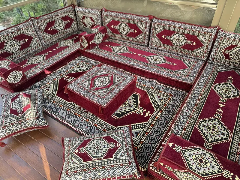 U şeklindeki zemin yastık seti, Türk zemin kanepe seti, etnik ev dekor oturma alanı, el yapımı kanepe, kabile tasarım kanepesi, oryantal boho salonu seti, - 1