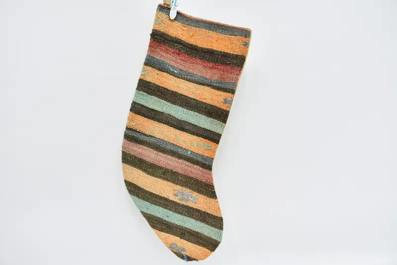 Dekor Kilim çorap, vintage çorap, desenli çorap, turuncu çorap, Noel dekor, Noel çorap, organik çorap, 1522 - 1