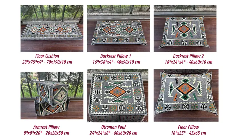 Gri kanepe, osmanlı zemin oturma, geleneksel zemin kanepe, u şeklindeki zemin yastığı, kesit zemin oturma, Kilim desen yastığı, ev dekorasyonu, - 2