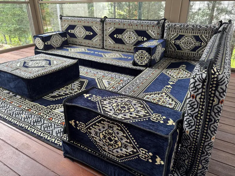 Osmanlı zemin oturma, geleneksel zemin kanepesi, u şeklinde zemin yastığı, kesit zemin oturma, Kilim desen yastığı, ev dekorasyonu, - 3