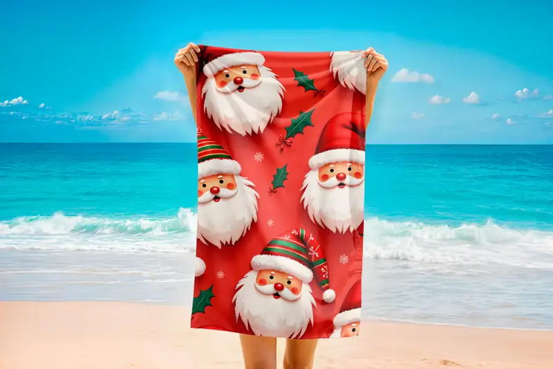 Santa Claus Printed Towel, Red Christmas Beach Towel, Festive Santa and Holly Design, Holiday Gift for Winter, Golf Towel, Xmas Towel